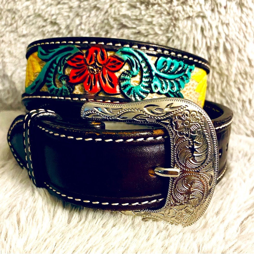 NWOT Circle Y of Yoakum Rising Sunflower Filigree Leather Belt - Picture 1 of 9